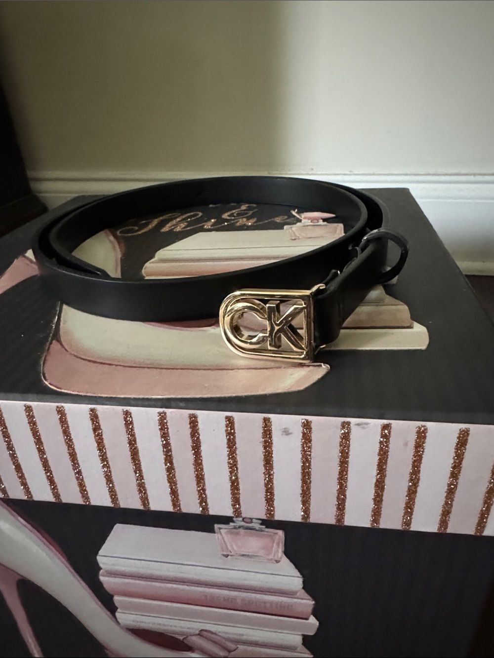 Calvin Klein Black Leather Belt with Gold CK Logo Buckle